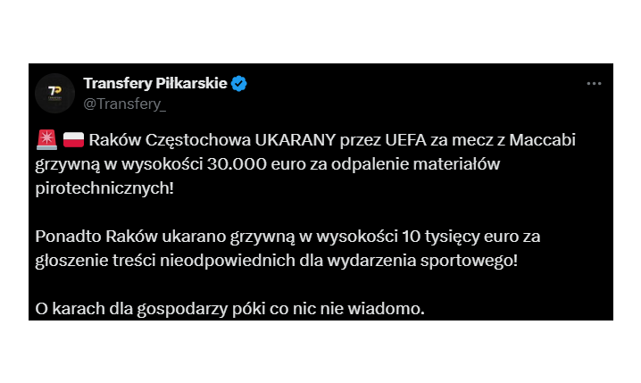 HIT! Raków UKARANY za mecz z Maccabi!